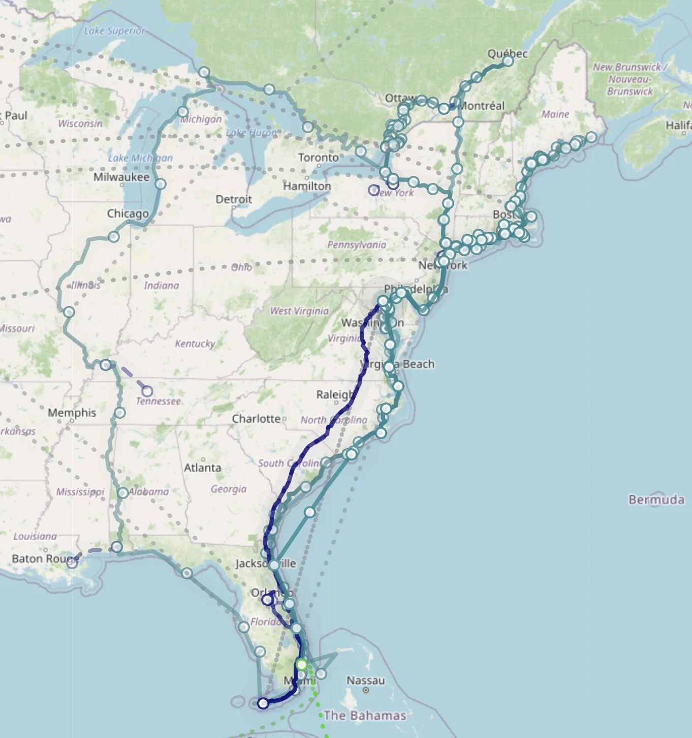 Travel routes and journal stops across the Great Lakes, eastern North America, and the Bahamas.
