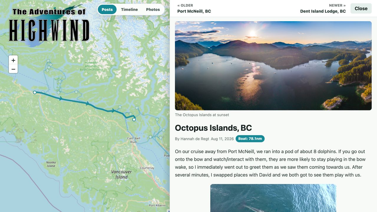 Highwind highlights the route to Octopus Islands, BC, beside its travel post and an aerial sunset photograph of the islands.
