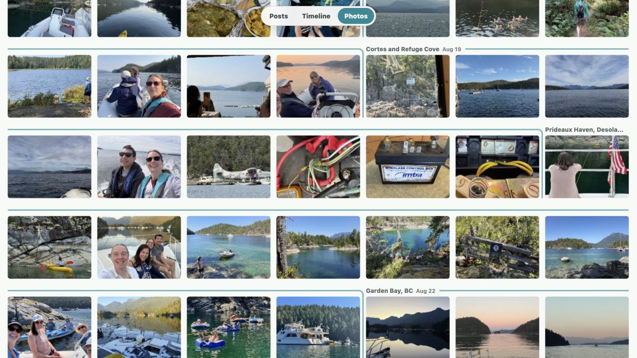 Highwind’s photo gallery groups photographs of British Columbia coves, boat trips, and friends by their journey posts.