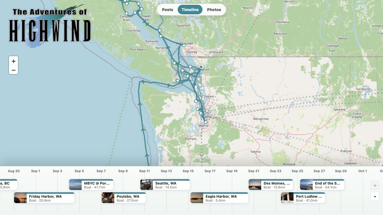 Highwind’s timeline arranges posts along a date axis beneath the travel map, from Friday Harbor to Bellingham.